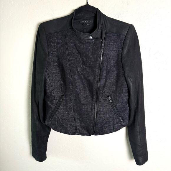 Theory Black Scheli Cross Hatch Silk Goat Leather Moto Jacket Size 8 B0602101 - Picture 2 of 16